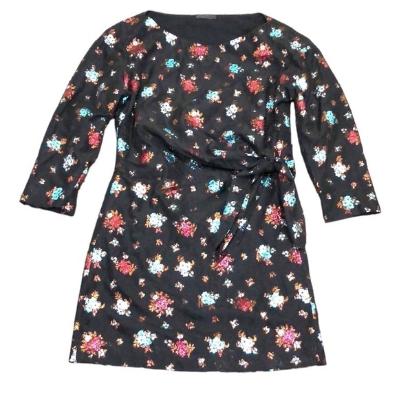 Lake Studio Sheath Dress Size 4 Black Glittery Floral Tie Waist Mini - Picture 1 of 11